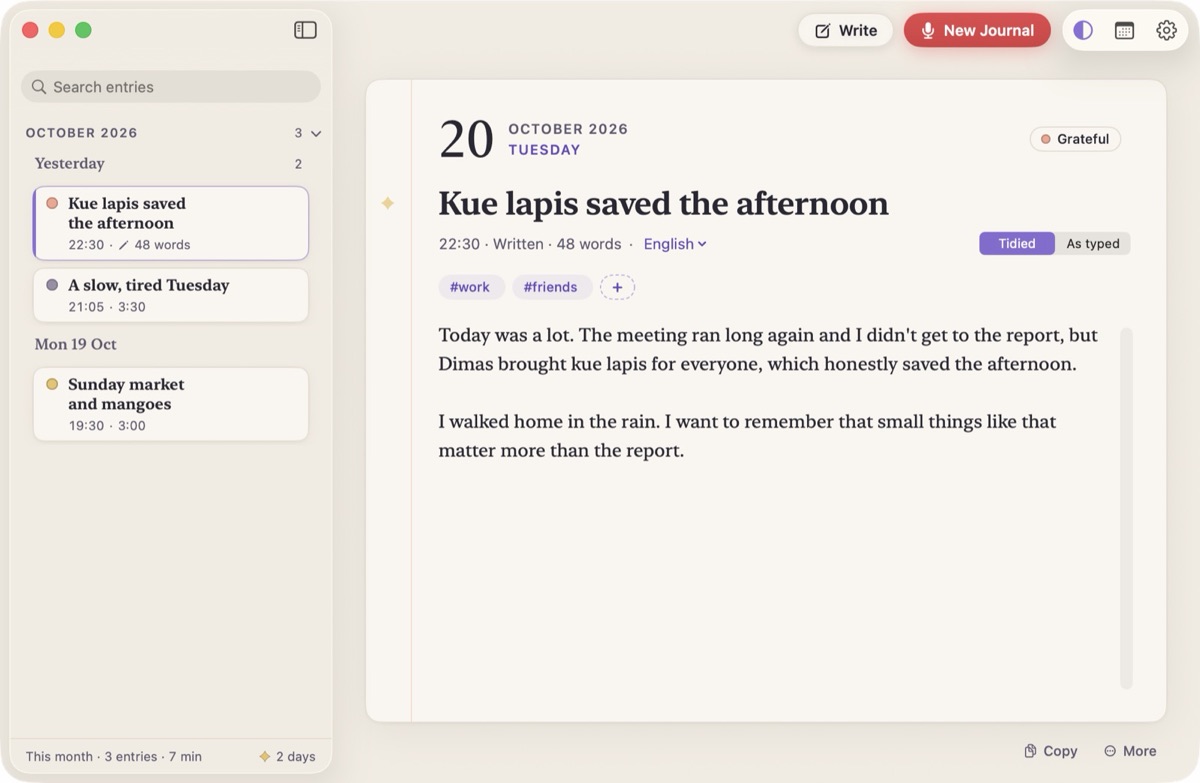 Catatan yang sudah dirapikan, “Kue lapis saved the afternoon”, lengkap dengan suasana hati, tag, dan paragraf yang bersih.