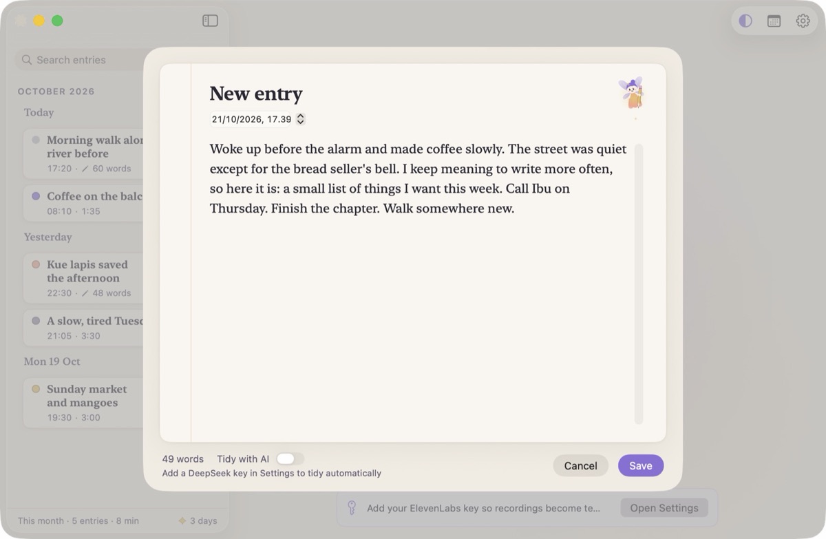 Halaman menulis dengan catatan yang diketik dan tombol Tidy with AI.