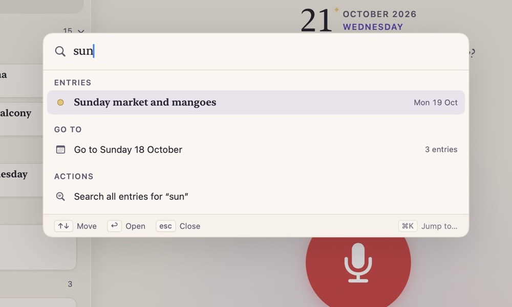 Palet ⌘K menemukan catatan “Sunday market and mangoes”.