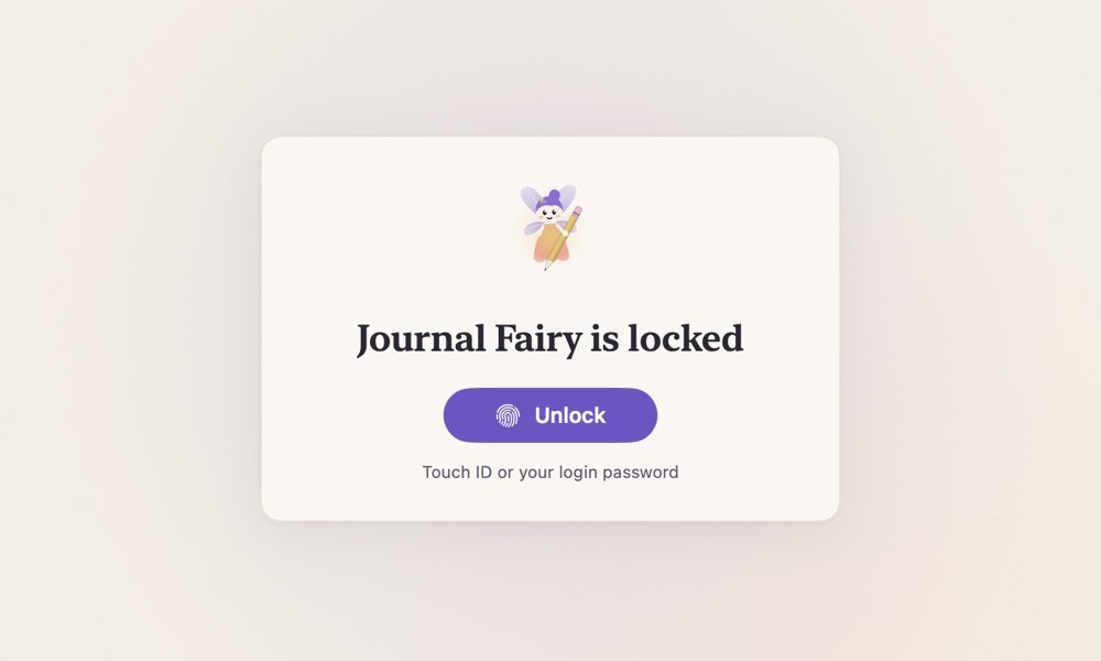 “Journal Fairy is locked”, dengan tombol Unlock untuk Touch ID atau kata sandi login.